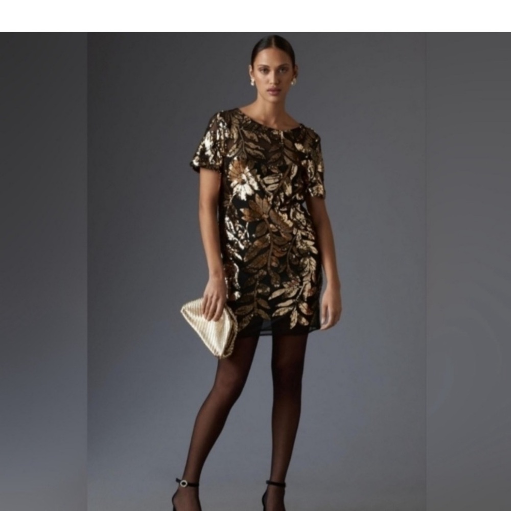 Maeve Black and Gold Leaf Mini Dress